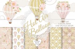 Watercolor Hot Air balloon flowers gold digital paper Product Image 1