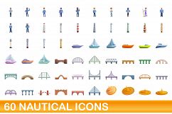 60 nautical icons set, cartoon style Product Image 1