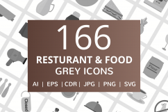 166 Restaurant &amp; Food Flat Greyscale Icons Product Image 1