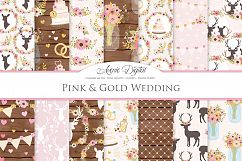 Pink and Gold Wedding Digital Paper - Gold and Pink Rustic Wedding Deer Seamless Patterns Product Image 1