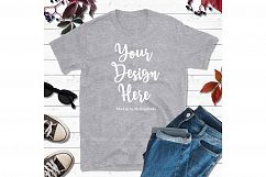 Autumn Fall Heather Gray Gildan Tshirt Mock Up Flat Lay Tee Product Image 1