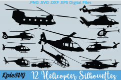 12 Helicopter Stencil Silhouettes | .SVG .EPS .DXF | Digital Files of High Quality Heli, Military Helicopters and News Choppers Product Image 1