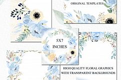 Dusty blue and gold watercolour flowers Digital clipart hand drawn. Soft blue, grey and cream colors. Product Image 5