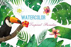 Tropical Paradise watercolor clip art pack, watercolor tropical leafs and flowers. Watercolor Toucan, PNG, jpg, svg, vector files included Product Image 1