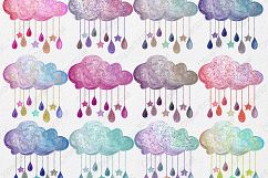 Cute Rainbow Watercolor Rain Clouds &amp; Rain Drops with Metallic Gold Glitter Confetti Baby Shower Clipart Nursery Graphics Set Product Image 2