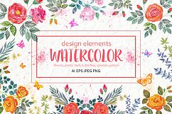   Set of watercolor design elements: rose flowers, plants, butterflies, seamless patterns, splashes.  Product Image 1