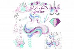 Silver Glitter Unicorn Clipart Product Image 1