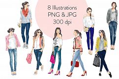 Girls in jeans watercolor fashion illustration clipart Product Image 2