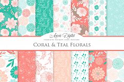 Coral and Teal Floral Vector Patterns - Red Flower Seamless Digital Papers Product Image 1