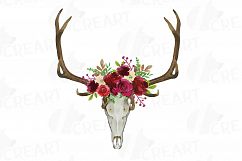 BOHO Floral Elk Skull watercolor clip art, Indian Tribal Elk Product Image 1