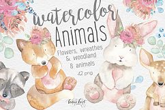 Watercolor Animals, Flowers Clipart Product Image 1