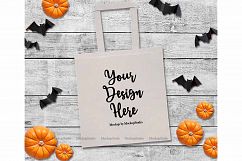 Halloween Tote Bag Mock Up Fall White Canvas Tote Flat Lay Product Image 1