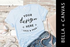 Light Blue Bella Canvas 3001 T-Shirt Flat Lay Rustic Mockup Product Image 1