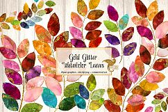 Gold Glitter Watercolor Leaves Clipart Product Image 1