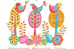 Folk Art Birds &amp; Trees Watercolor Clipart Product Image 6