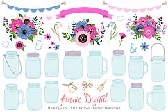 Pink and Navy Mason Jar Wedding Clipart Product Image 1