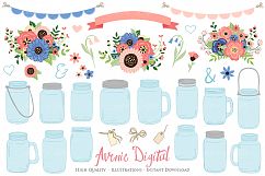 Coral and Navy Mason Jar Wedding Clipart Product Image 1