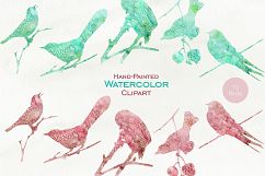 WATERCOLOR BIRD Clipart Burgundy &amp; Mint Watercolor Cute Birds on Branches Graphics Little Bird Silhouette Clipart Product Image 2