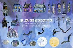 Watercolor Halloween Scene Creator with haunted buildings Product Image 3