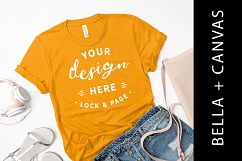 Gold Bella Canvas 3001 T Shirt Mockup Fashion Flat Lay Product Image 1