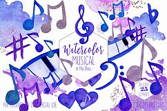 WATERCOLOR MUSIC Clipart Royal Blue Purple Music Notes Treble Clef Piano Keys Fun Watercolour Paint Splash Graphics Product Image 1
