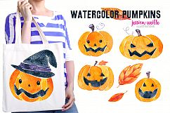 Watercolor Halloween Pumpkins &amp; Leaves Product Image 1