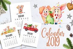 Calendar template  for 2019 Year with cute cartoons pigs Product Image 1