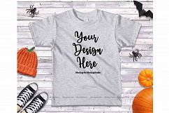 Halloween Fall Heather Grey Kids Shirt Mockup Teen Flat Lay Product Image 1