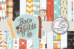 Bon appetite, Food papers, Kitchen papers, retro kitchen digital paper, scrapbook paper, scrapbooking, Bakery Paper, Cooking Paper Product Image 1