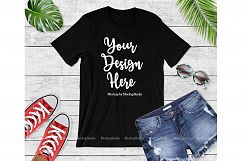 Black Bella Canvas 3001 Women Youth T-Shirt Mock Up Flat Lay Product Image 1