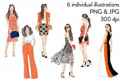 Watercolor fashion illusration clipart - Girls in Orange and Black Product Image 2