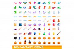 100 fantasy icons set, cartoon style Product Image 1