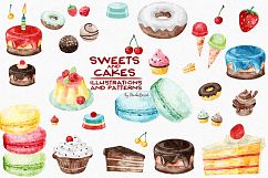 Sweets and Cakes Watercolor Illustrations &amp; Patterns Product Image 1