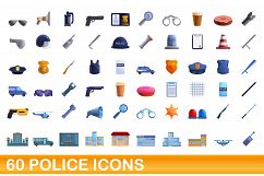 60 police icons set, cartoon style Product Image 1
