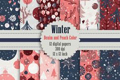 12 Winter Pattern Digital Papers in Denim and Peach Color Product Image 1