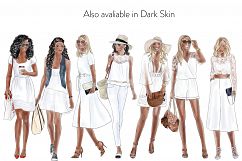 Watercolor Fashion Clipart - Girls in Summer White - Light Skin Product Image 2