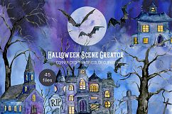 Watercolor Halloween Scene Creator with haunted buildings Product Image 2