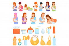 Breast-feeding icons set, cartoon style Product Image 1