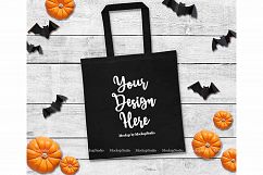 Halloween Tote Bag Mock Up Fall Black Canvas Tote Flat Lay Product Image 1