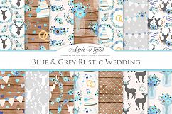 Blue and Grey Wedding Digital Paper - Gray and Blue Rustic Wedding Deer Seamless Patterns Product Image 1