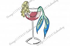  Mermaid Splash Wine Glass Hand Drawn Unique Urban Machine Embroidery Design digital File Product Image 1