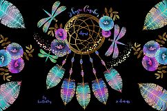 Dream catcher clip art, digital watercolor clipart, feathers with gold confetti, flowers, dragonflies, Translucent and neon effects, magic Product Image 2