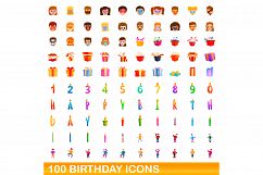 100 birthday icons set, cartoon style Product Image 1