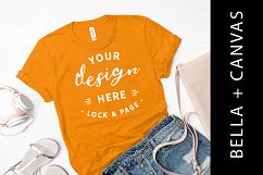 Orange Bella Canvas 3001 T-Shirt Mockup Sandels Handbag Product Image 1