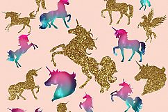 Gold glitter and Galaxy Unicorns Clipart Product Image 1