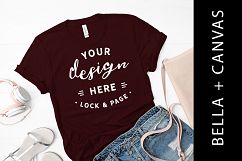 Oxblood Bella Canvas 3001 T-Shirt Mockup White Wood Setup Product Image 1