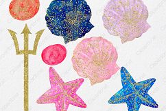 WATERCOLOR MERMAID Clipart  with Metallic Gold Confetti Mermaids Shells Starfish Ocean Watercolour Splash Graphics Product Image 4