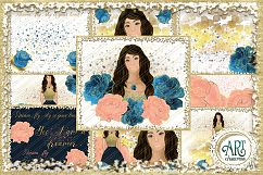 Fashion Girl with roses Clipart design in blue - Huge ! Product Image 2