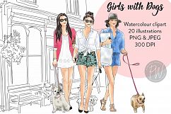 Girls with dogs watercolour illustrated clipart Product Image 1