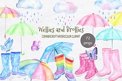 Watercolor Clipart Wellies and Brollies, Wellington Boots, Umbrellas, Clouds and Rain Drops  Product Image 1
